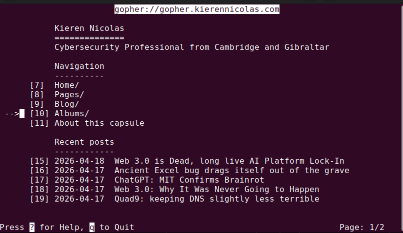 Gopher Browser showing the mirror image of this site